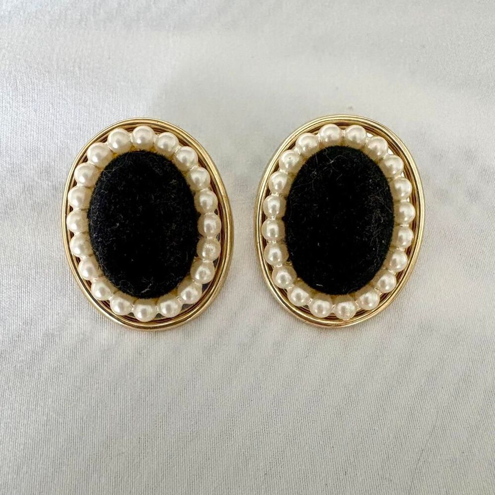 Vintage Black Velvet & Faux Pearl Oval Earrings | Elegant Costume Jewelry